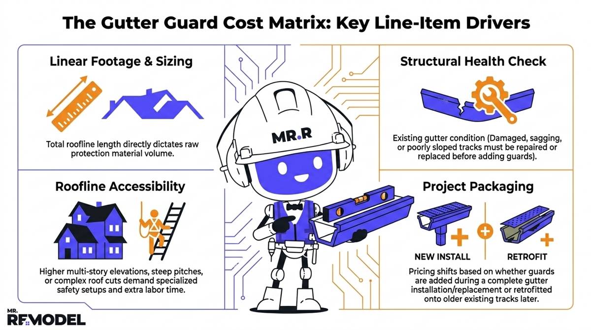 A 2026 technical cost driver infographic breaking down how linear footage, existing gutter condition, roof accessibility, and number of stories dictate professional gutter guard installation estimates.